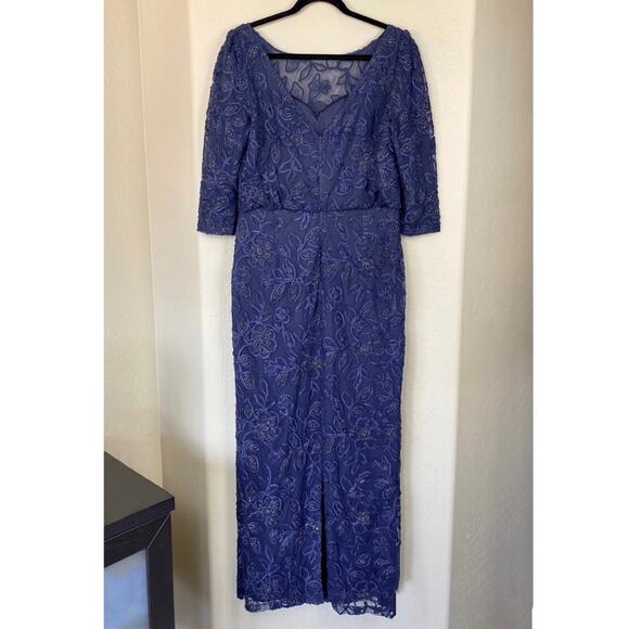 JS Collections Metallic Soutache Blouson Mesh Gown in Navy Gold, Size 10 - Picture 8 of 11